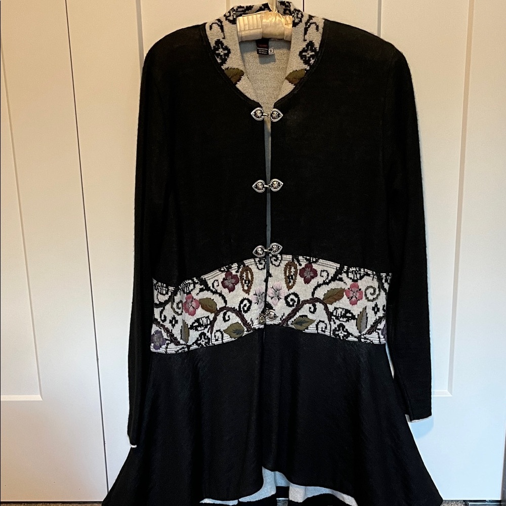 Black and Cream Women's Cardigan with Floral Accents